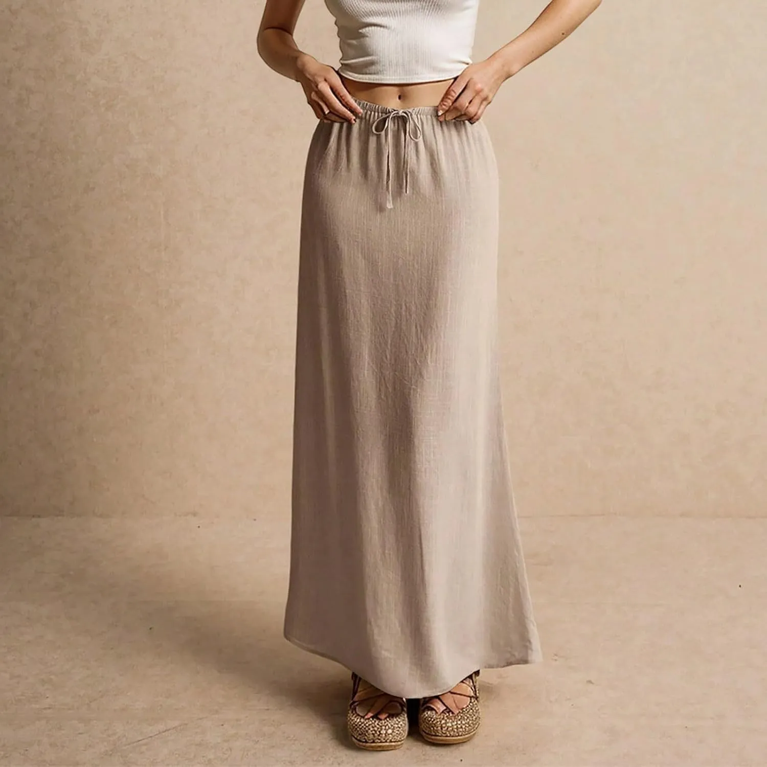 Pencil Skirt for Women Cotton Linen Summer Skirts Trendy Elastic Waist Drawstring Long Skirts for Beach Vacation