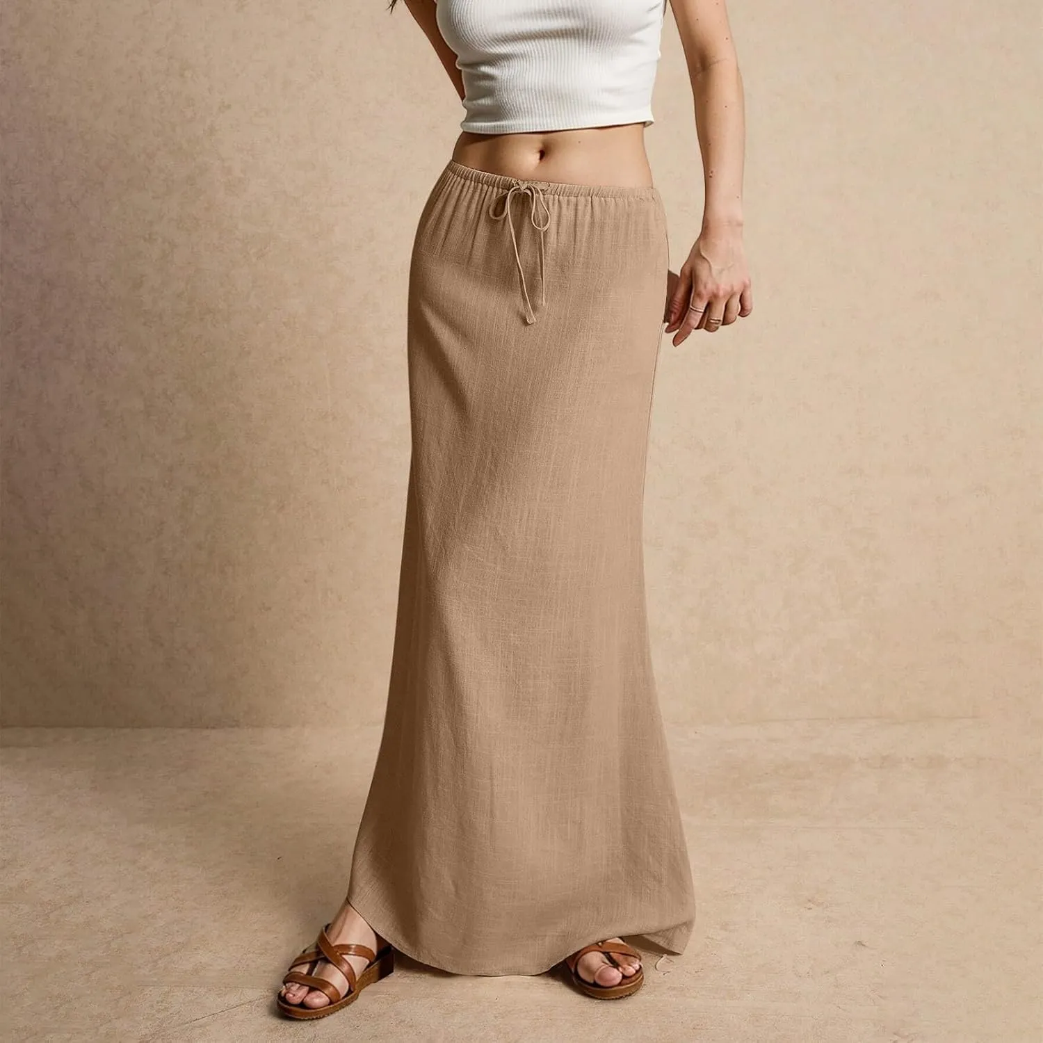 Pencil Skirt for Women Cotton Linen Summer Skirts Trendy Elastic Waist Drawstring Long Skirts for Beach Vacation
