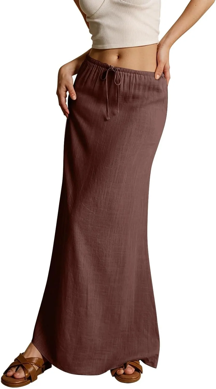 Pencil Skirt for Women Cotton Linen Summer Skirts Trendy Elastic Waist Drawstring Long Skirts for Beach Vacation