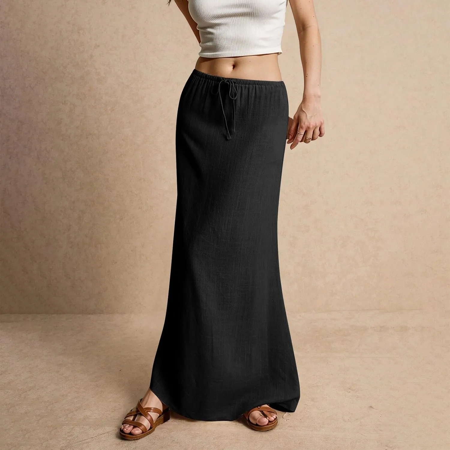 Pencil Skirt for Women Cotton Linen Summer Skirts Trendy Elastic Waist Drawstring Long Skirts for Beach Vacation