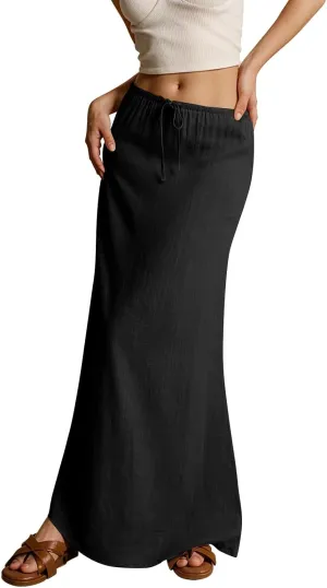 Pencil Skirt for Women Cotton Linen Summer Skirts Trendy Elastic Waist Drawstring Long Skirts for Beach Vacation