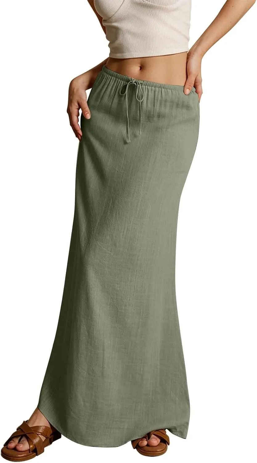 Pencil Skirt for Women Cotton Linen Summer Skirts Trendy Elastic Waist Drawstring Long Skirts for Beach Vacation