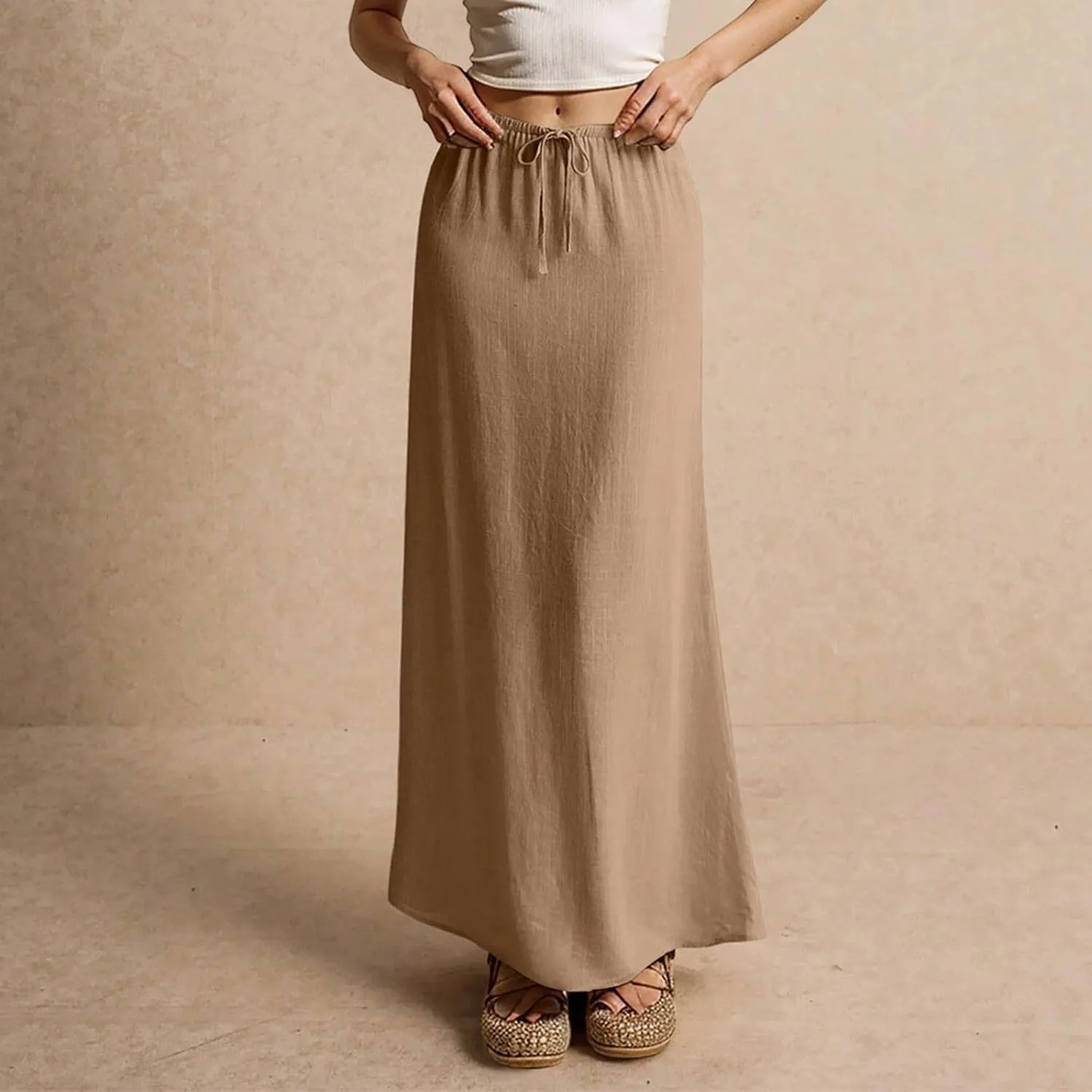 Pencil Skirt for Women Cotton Linen Summer Skirts Trendy Elastic Waist Drawstring Long Skirts for Beach Vacation