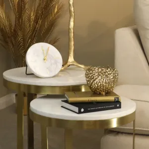 Perlato White Marble & Gold Stainless Steel Nested Side Table (Set of 2)