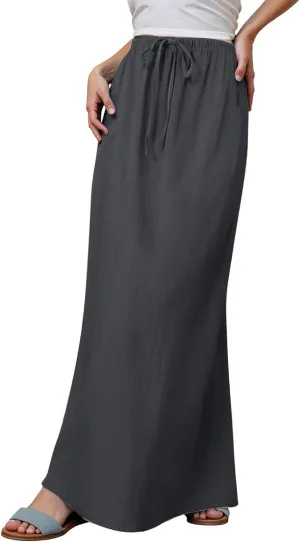 Photno Maxi Skirts for Women Linen Trendy Summer Drawstring Skirt Low Waisted A-Line Skirts Flowy Boho Beach Vacation Outfits