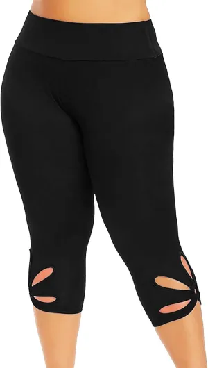 Plus Size Capris Leggings For Women Solid Color Hollow Out Tight Cropped Trousers Elastic High Waist Fashion Pants