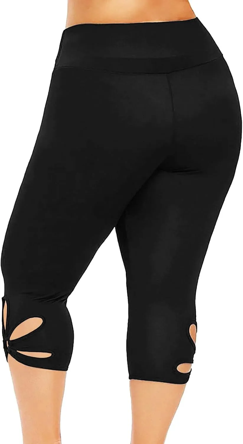Plus Size Capris Leggings For Women Solid Color Hollow Out Tight Cropped Trousers Elastic High Waist Fashion Pants