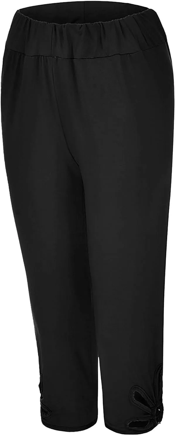 Plus Size Capris Leggings For Women Solid Color Hollow Out Tight Cropped Trousers Elastic High Waist Fashion Pants