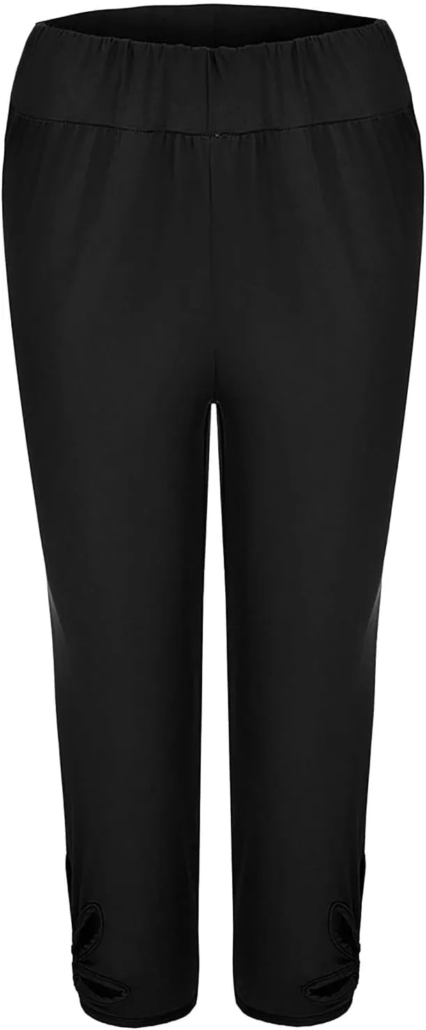 Plus Size Capris Leggings For Women Solid Color Hollow Out Tight Cropped Trousers Elastic High Waist Fashion Pants