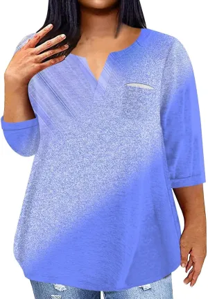 Plus Size Tops for Women Dressy Casual 3/4 Length Sleeve V Neck Shirts Comfy Gradient Loose Fit Fall Fashion Clothes