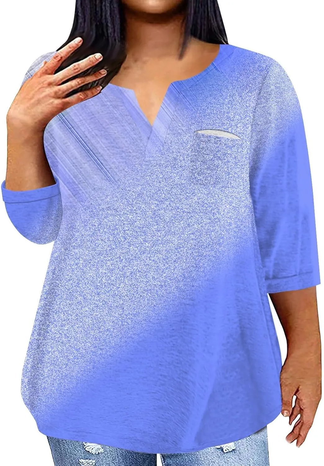 Plus Size Tops for Women Dressy Casual 3/4 Length Sleeve V Neck Shirts Comfy Gradient Loose Fit Fall Fashion Clothes