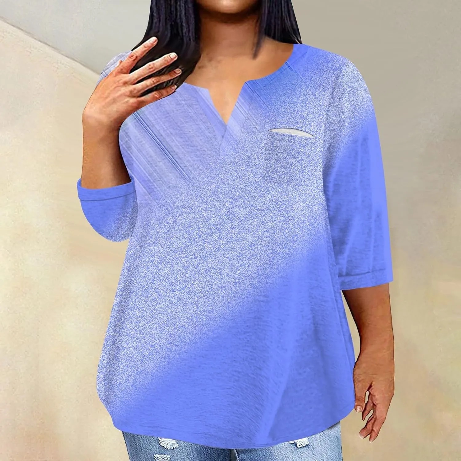 Plus Size Tops for Women Dressy Casual 3/4 Length Sleeve V Neck Shirts Comfy Gradient Loose Fit Fall Fashion Clothes
