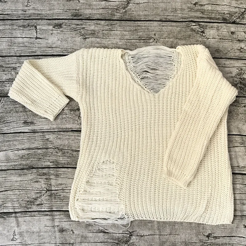 Pure Color Cut Out Begger Style Loose Sweater