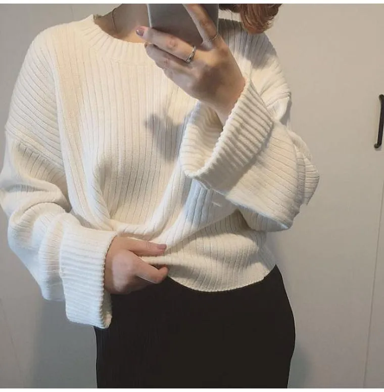 Pure Color Scoop Long Sleeves Loose Sweater