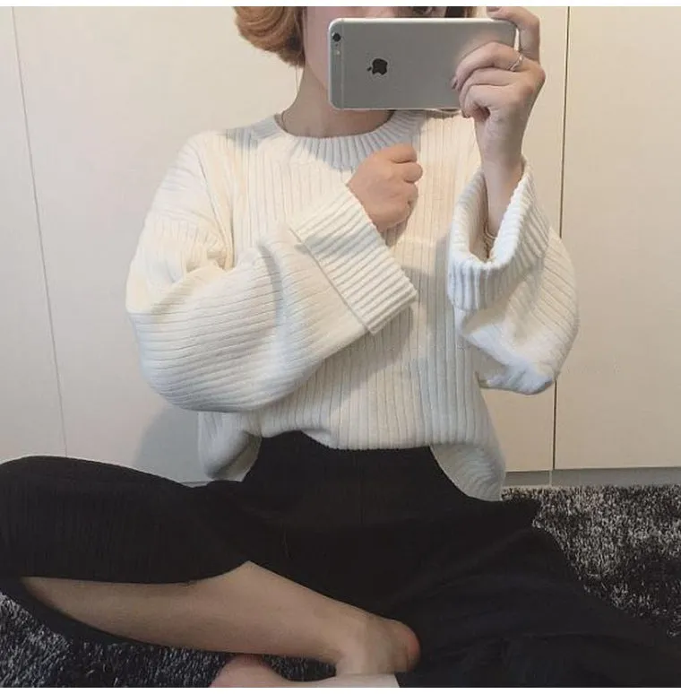 Pure Color Scoop Long Sleeves Loose Sweater