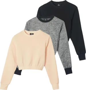 Real Essentials 3 Pack: Women's Fleece Cropped Sweatshirt - Long Sleeve Crew Neck Crop Top (Available in Plus Size)