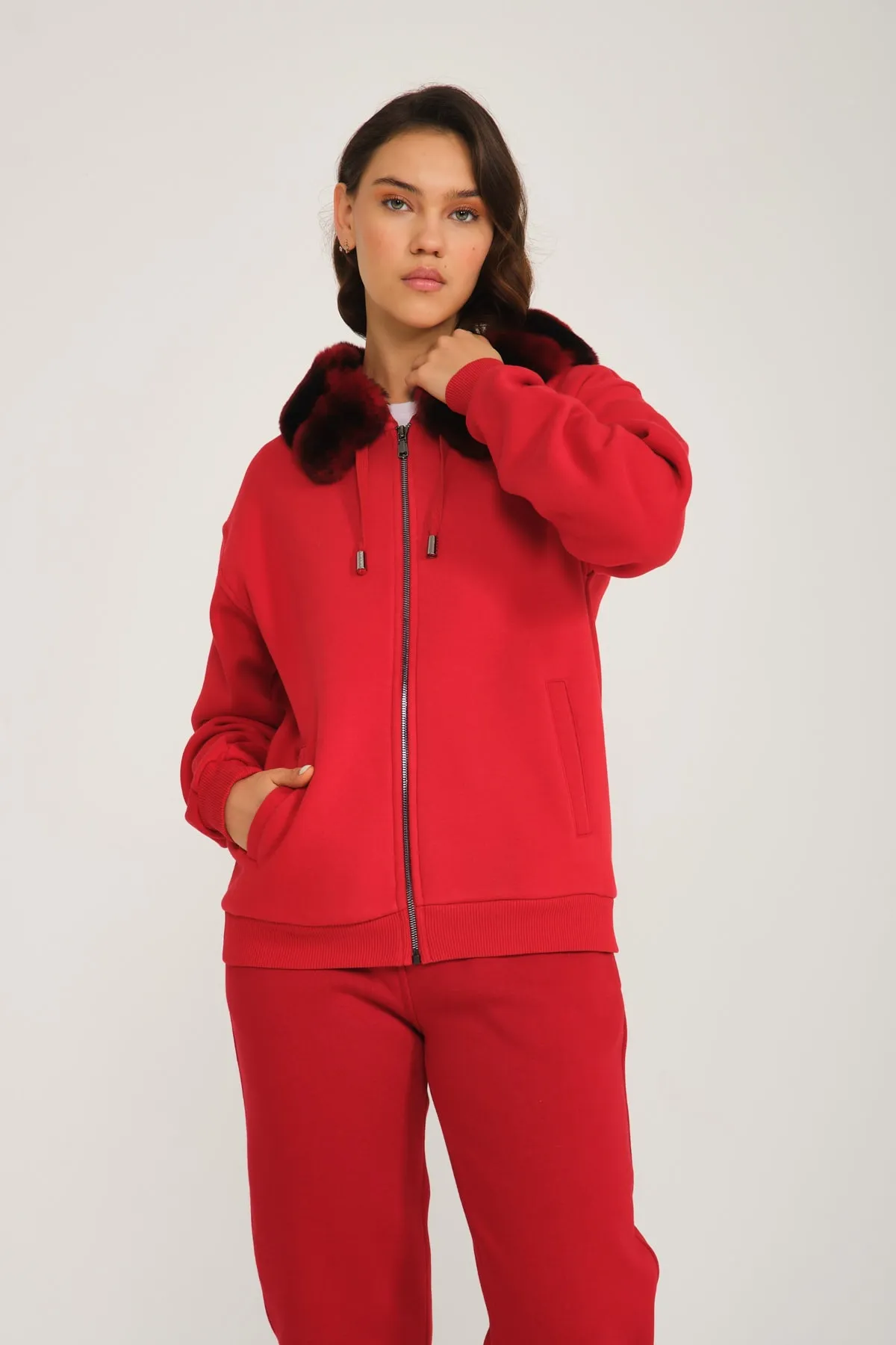 Red Rex Fur & Zipped Hoodie