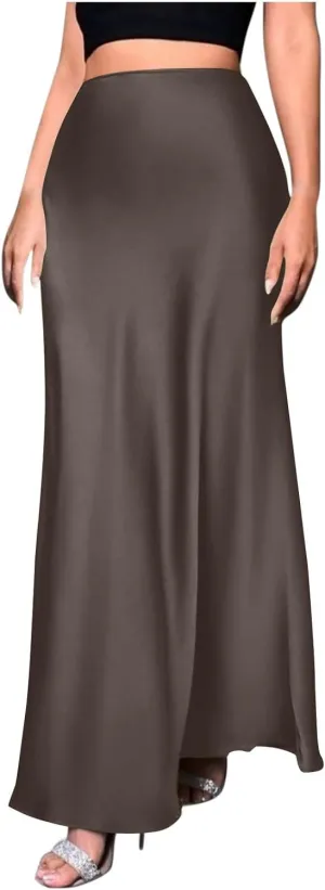 Satin Maxi Skirt Women High Waist A-Line Long Skirt Sleek Elegant Blue