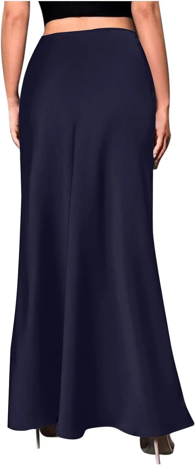 Satin Maxi Skirt Women High Waist A-Line Long Skirt Sleek Elegant Blue