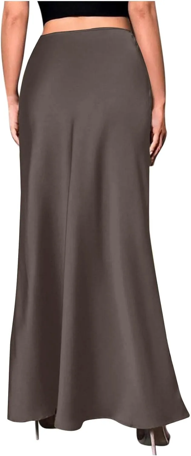 Satin Maxi Skirt Women High Waist A-Line Long Skirt Sleek Elegant Blue