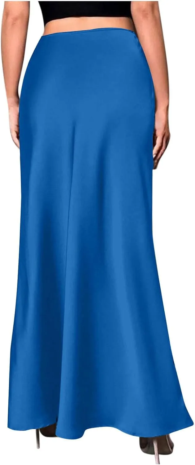 Satin Maxi Skirt Women High Waist A-Line Long Skirt Sleek Elegant Blue
