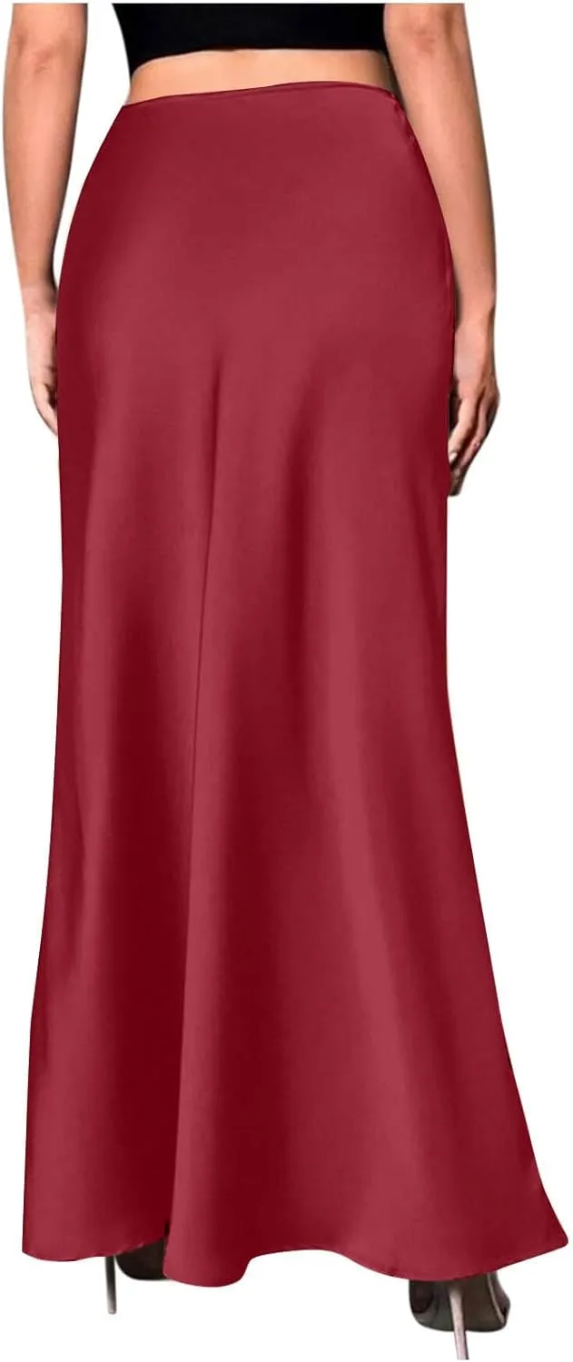 Satin Maxi Skirt Women High Waist A-Line Long Skirt Sleek Elegant Blue