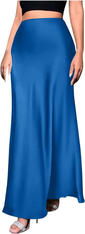 Satin Maxi Skirt Women High Waist A-Line Long Skirt Sleek Elegant Blue