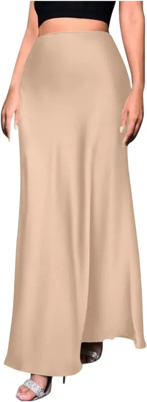 Satin Maxi Skirt Women High Waist A-Line Long Skirt Sleek Elegant Blue