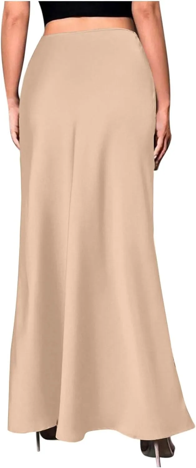 Satin Maxi Skirt Women High Waist A-Line Long Skirt Sleek Elegant Blue