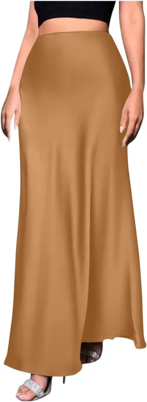 Satin Maxi Skirt Women High Waist A-Line Long Skirt Sleek Elegant Blue