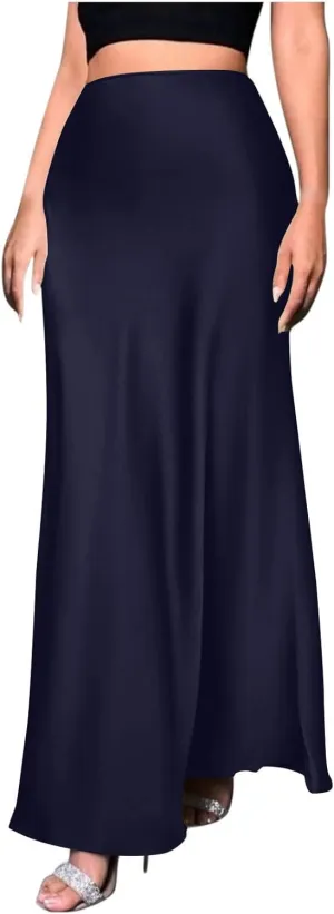 Satin Maxi Skirt Women High Waist A-Line Long Skirt Sleek Elegant Blue