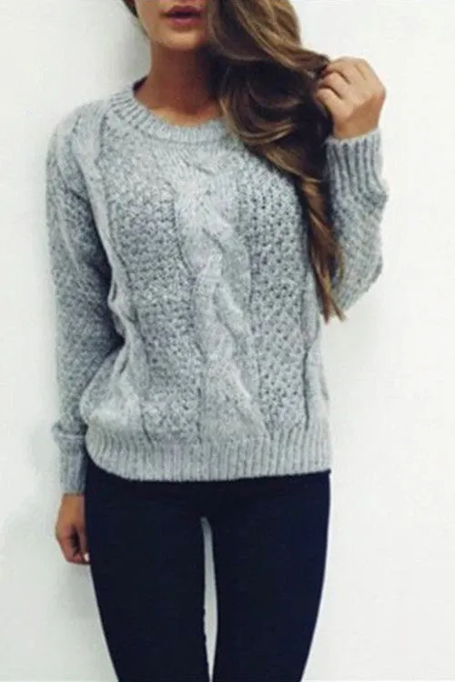 Scoop Pure Color Long Sleeves Cabel Sweater