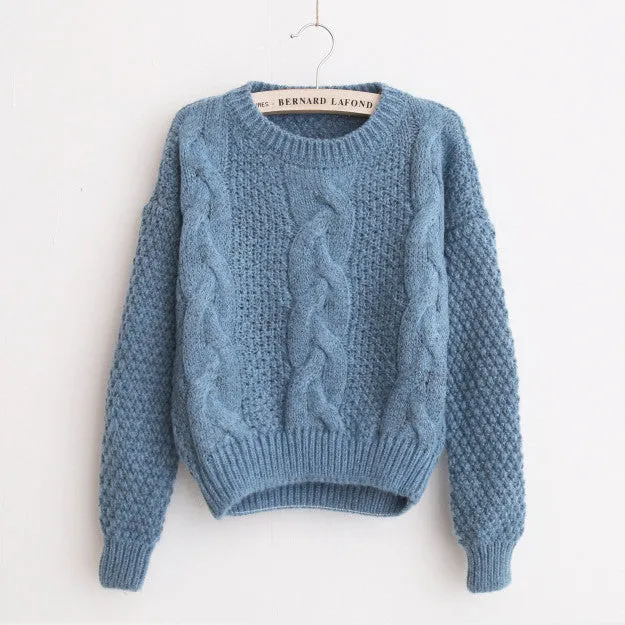 Scoop Pure Color Long Sleeves Cabel Sweater