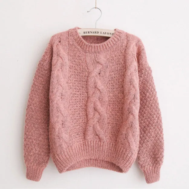 Scoop Pure Color Long Sleeves Cabel Sweater