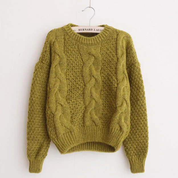 Scoop Pure Color Long Sleeves Cabel Sweater