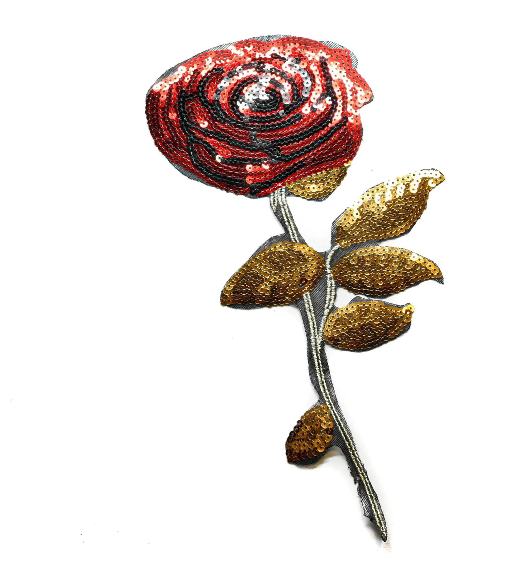Sequins Flower Iron on Patch | Iron on Sequins Rose Patch | Red and Gold Rose Patch | Large Sequin Flower Patch