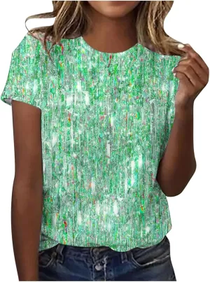 SHAOBGE Cute Summer Tops 2024 Trendy Women's Short Sleeve Sequin Print Fashionable Round Neck Casual T Shirt
