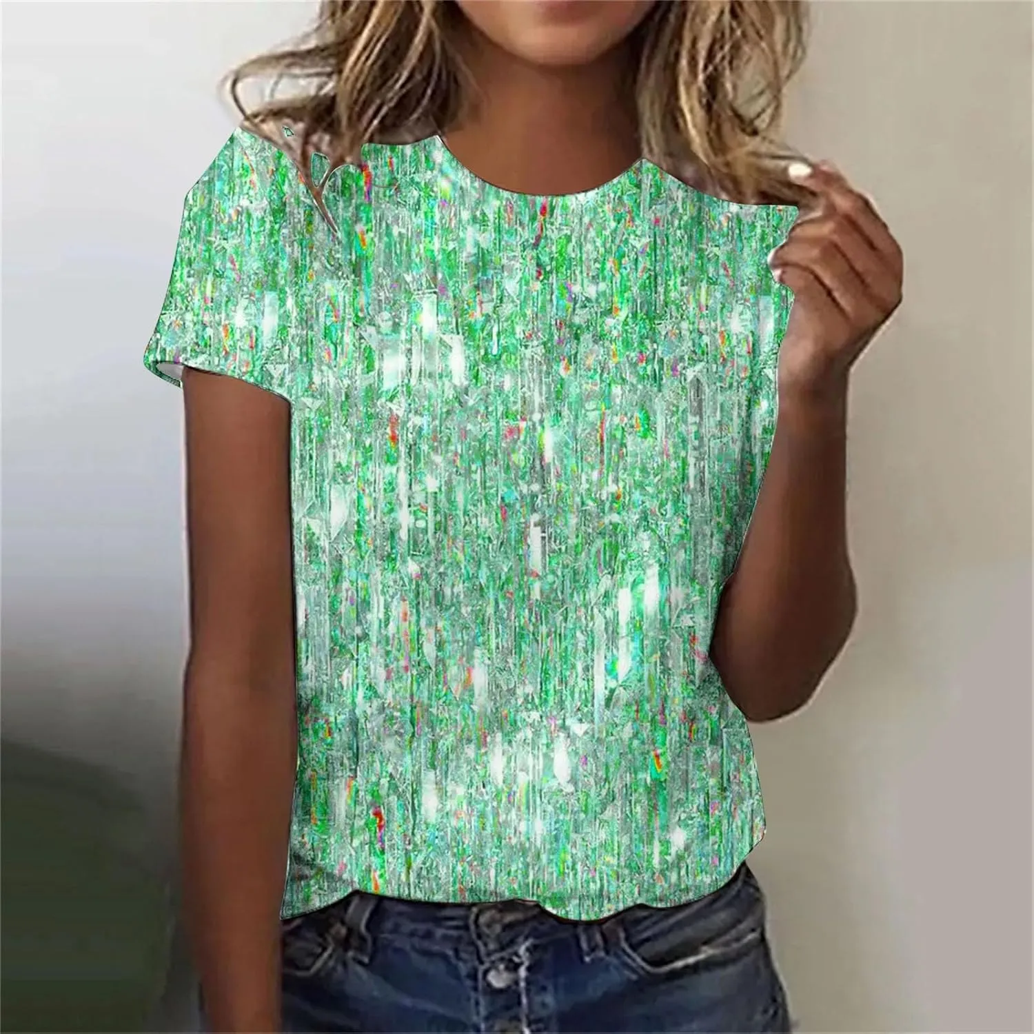SHAOBGE Cute Summer Tops 2024 Trendy Women's Short Sleeve Sequin Print Fashionable Round Neck Casual T Shirt