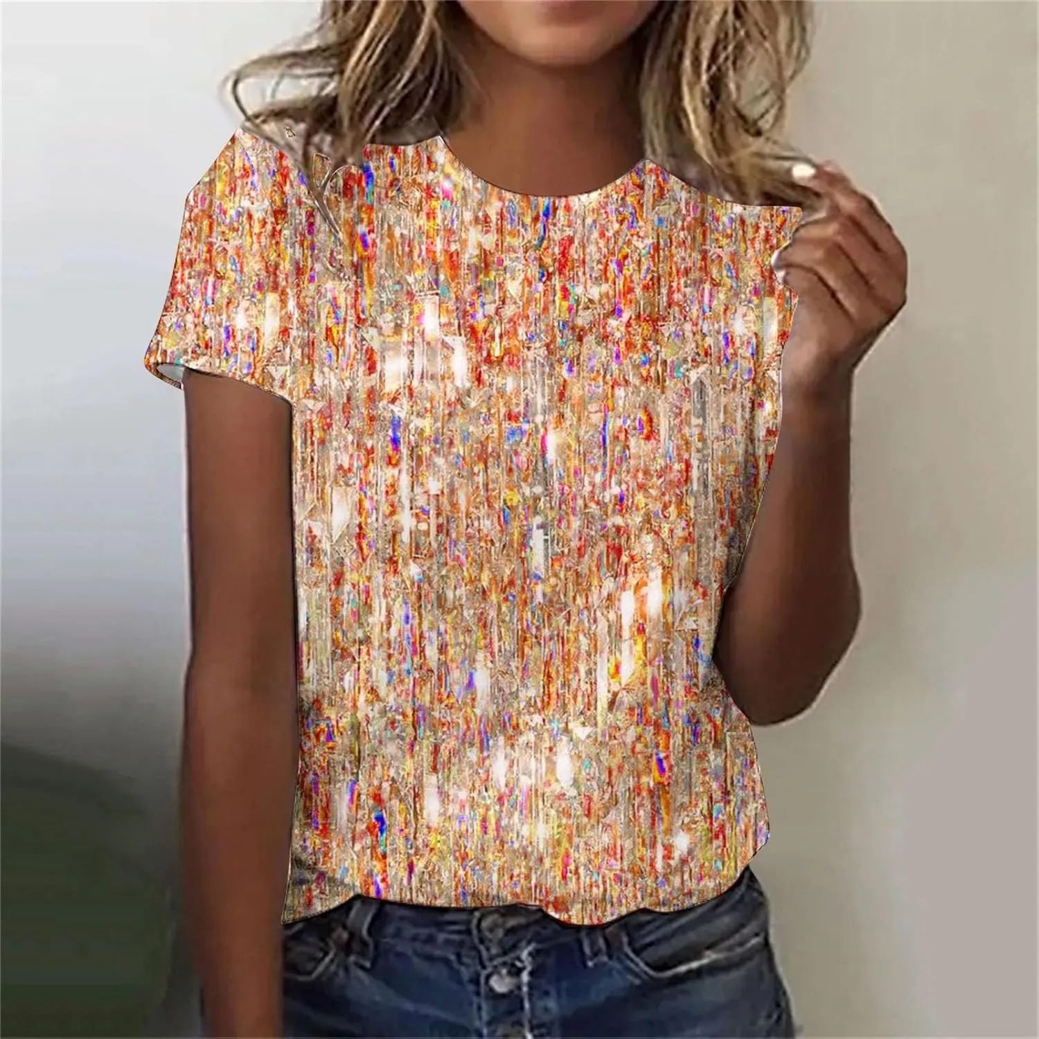 SHAOBGE Cute Summer Tops 2024 Trendy Women's Short Sleeve Sequin Print Fashionable Round Neck Casual T Shirt