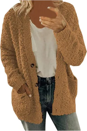 Sherpa Jacket Women 2024 Plus Size Open Front Long Sleeve Button Coat Casual Fuzzy Fall Winter Cardigan Outerwear