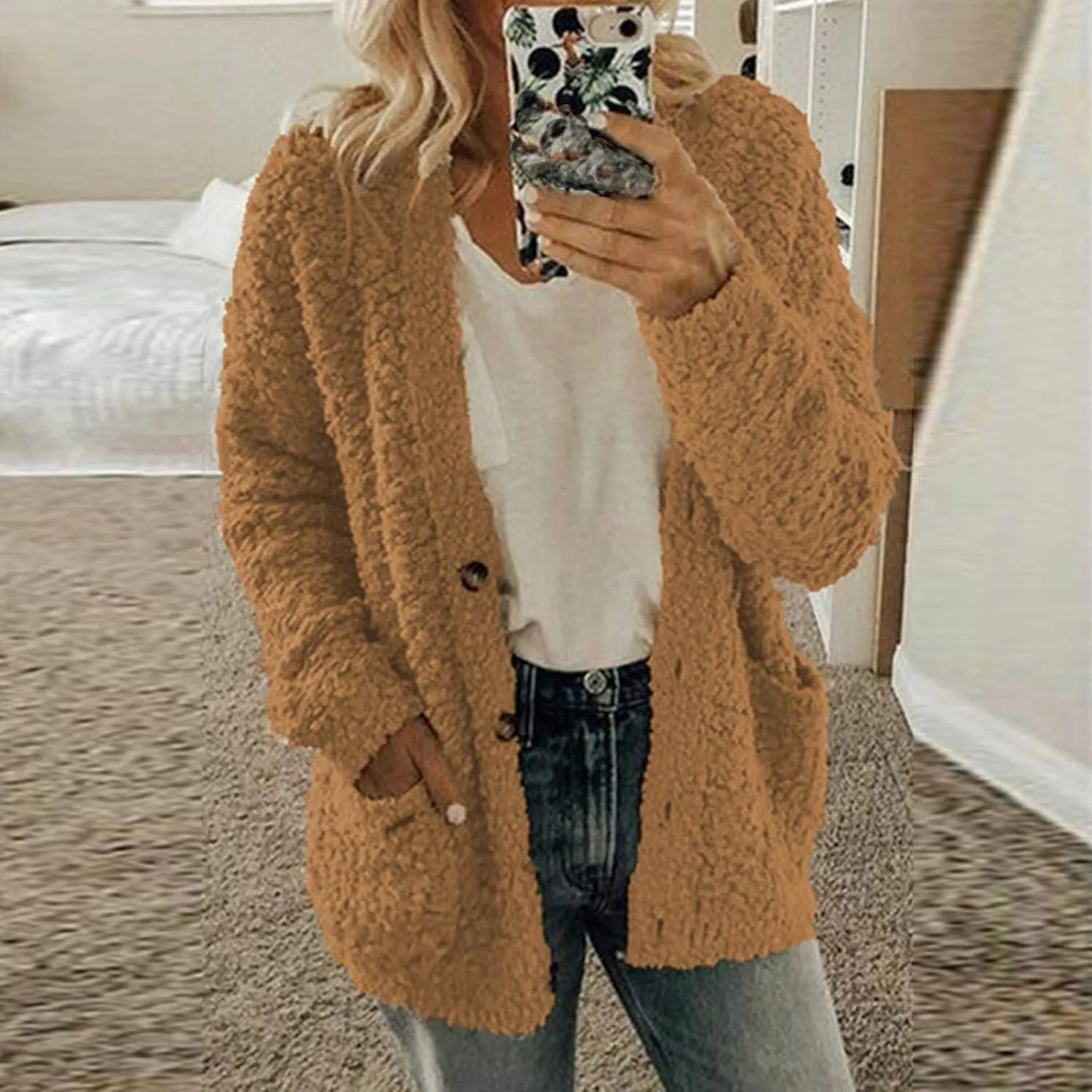Sherpa Jacket Women 2024 Plus Size Open Front Long Sleeve Button Coat Casual Fuzzy Fall Winter Cardigan Outerwear