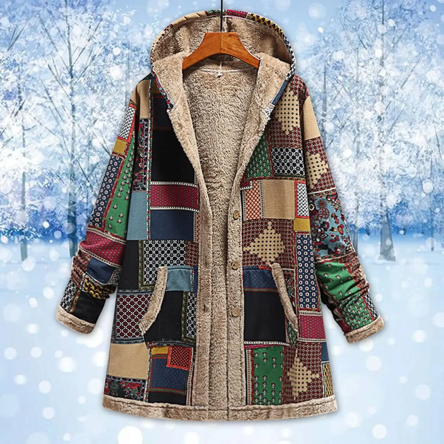Sherpa Lined Jacket for Women Thick Long Sleeve Warm Winter Coats Vintage Western Print Fleece Outwear Hoodie