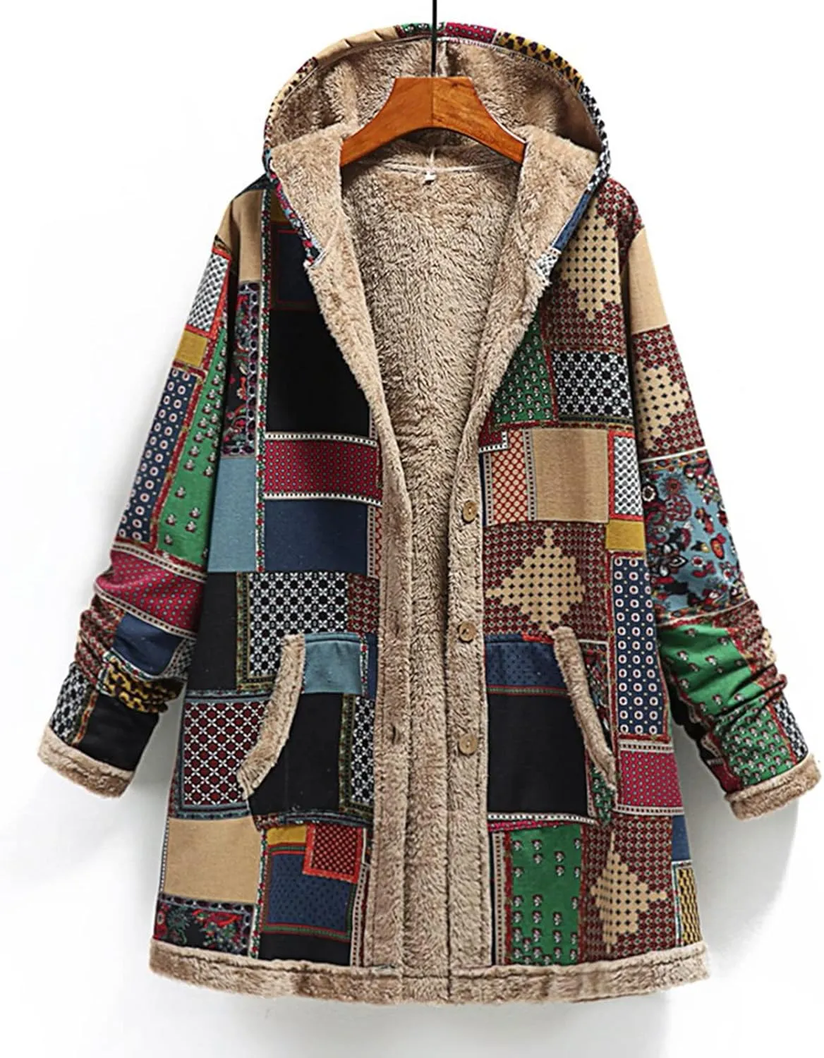 Sherpa Lined Jacket for Women Thick Long Sleeve Warm Winter Coats Vintage Western Print Fleece Outwear Hoodie