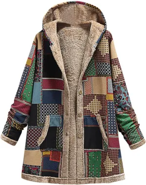 Sherpa Lined Jacket for Women Thick Long Sleeve Warm Winter Coats Vintage Western Print Fleece Outwear Hoodie