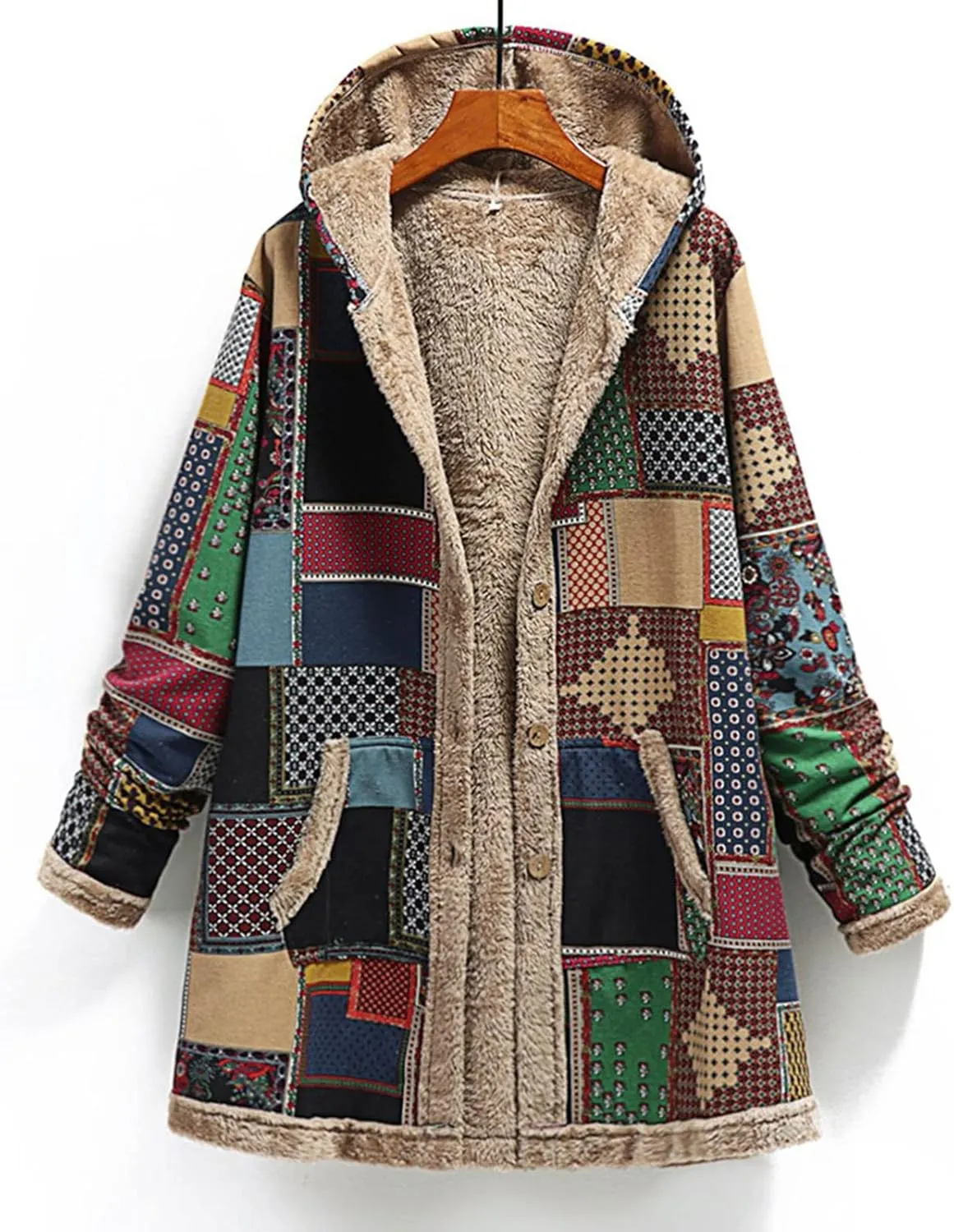 Sherpa Lined Jacket for Women Thick Long Sleeve Warm Winter Coats Vintage Western Print Fleece Outwear Hoodie