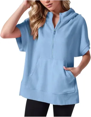 Short Sleeve Sweatshirt Women Oversized Half Zip Hoodies Casual Pullover Tops