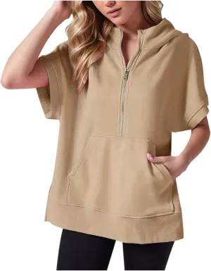 Short Sleeve Sweatshirt Women Oversized Half Zip Hoodies Casual Pullover Tops
