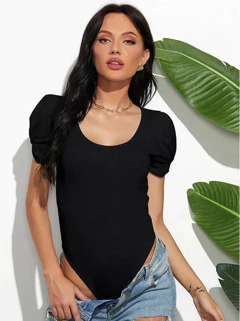 Short Sleeve Tees O Neck Puff Sleeve Bodysuit