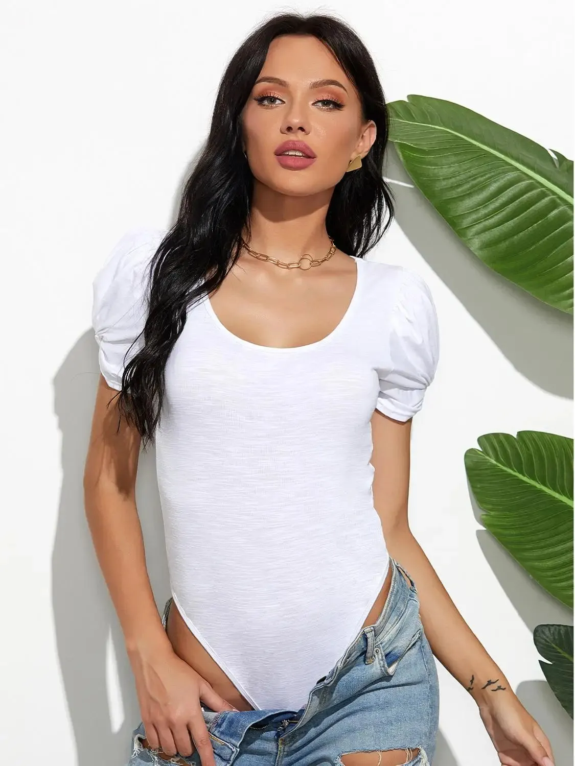 Short Sleeve Tees O Neck Puff Sleeve Bodysuit