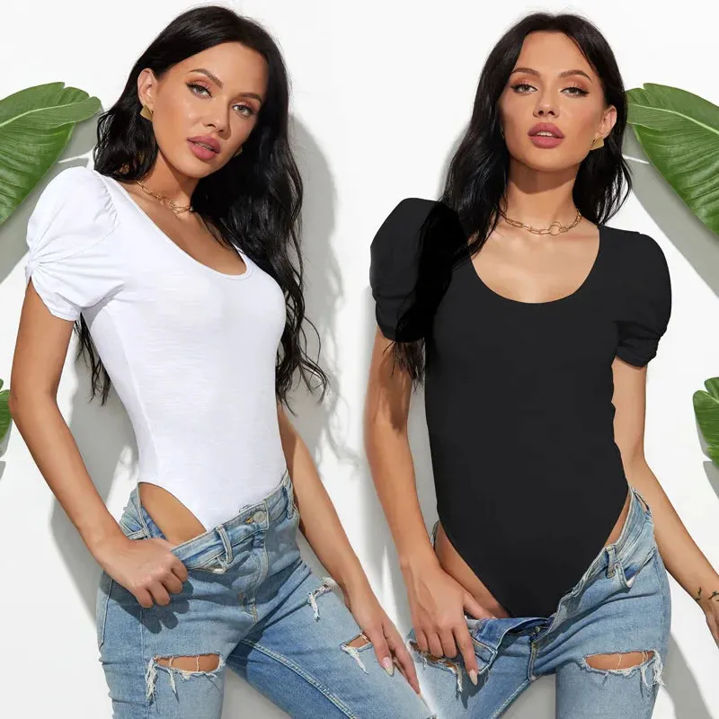 Short Sleeve Tees O Neck Puff Sleeve Bodysuit